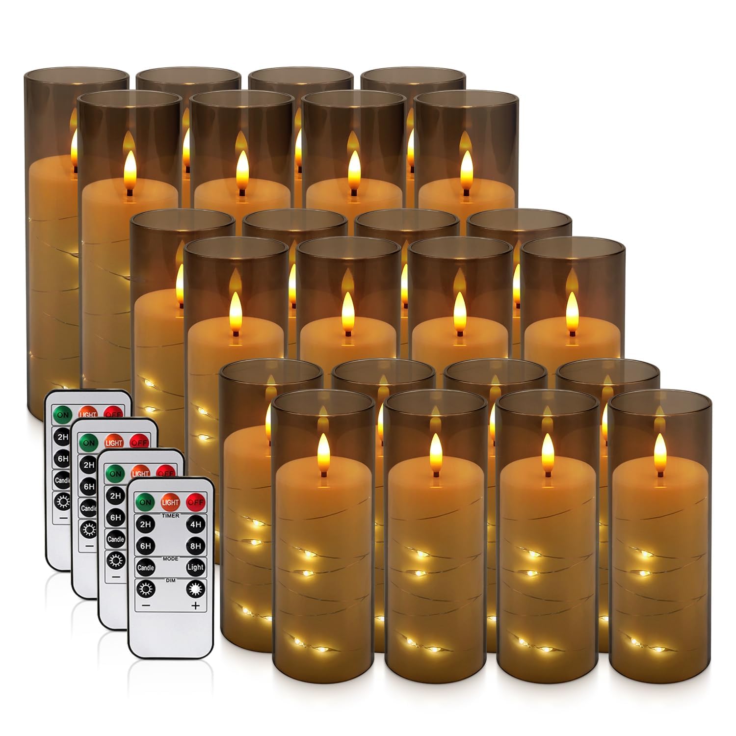 Confezione da 24 candele a pilastro a LED senza fiamma, con telecomando e timer, candele tremolanti a batteria con luci stellate incorporate, candele decorative in acrilico grigio in 3 misure, per