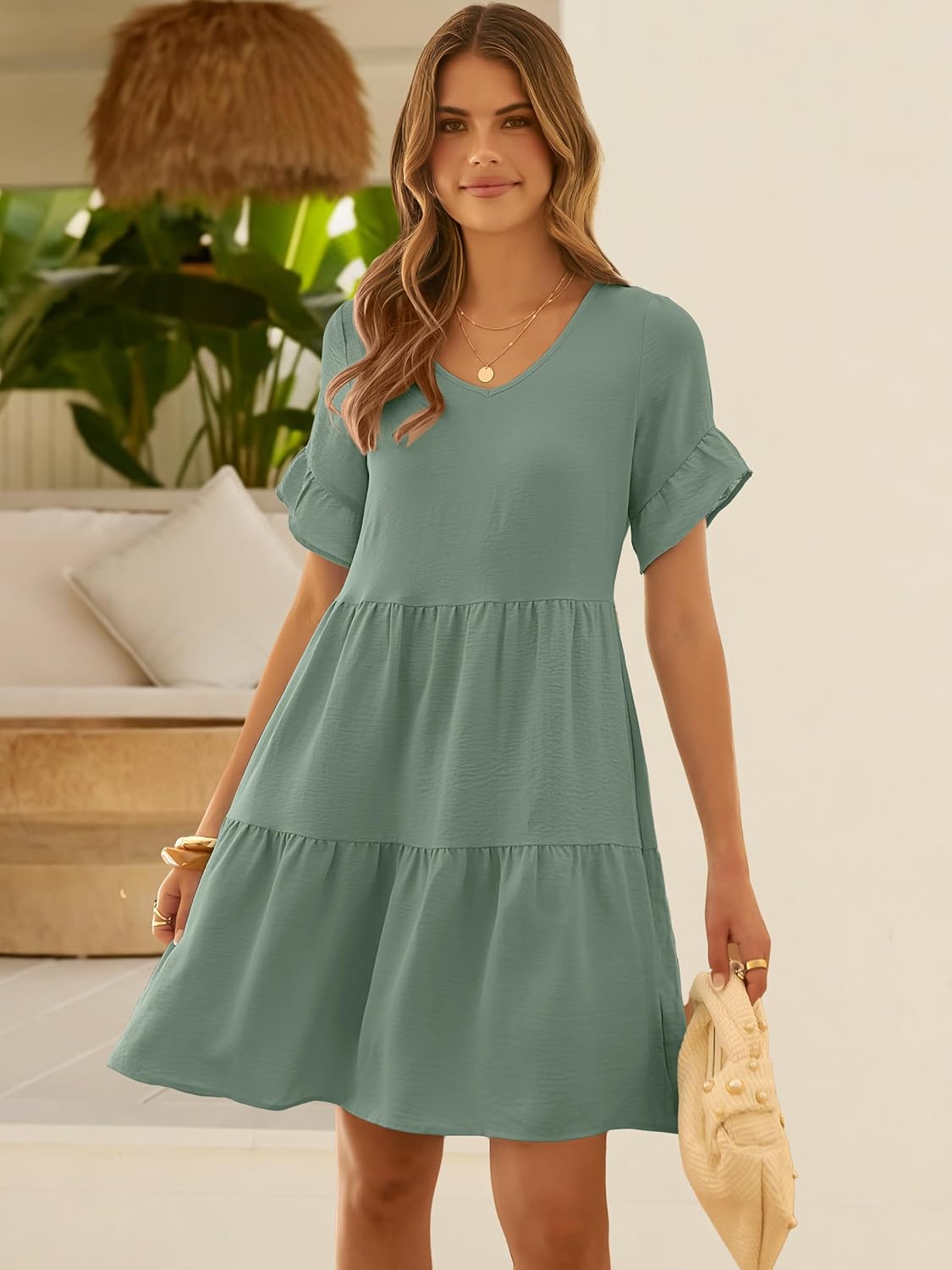 Caracilia Dresses for Women Summer Casual 2026 Ruffle Short Sleeve A Line Tiered Flowy Cute V Neck Mini Beach Dress Pockets - Image 3