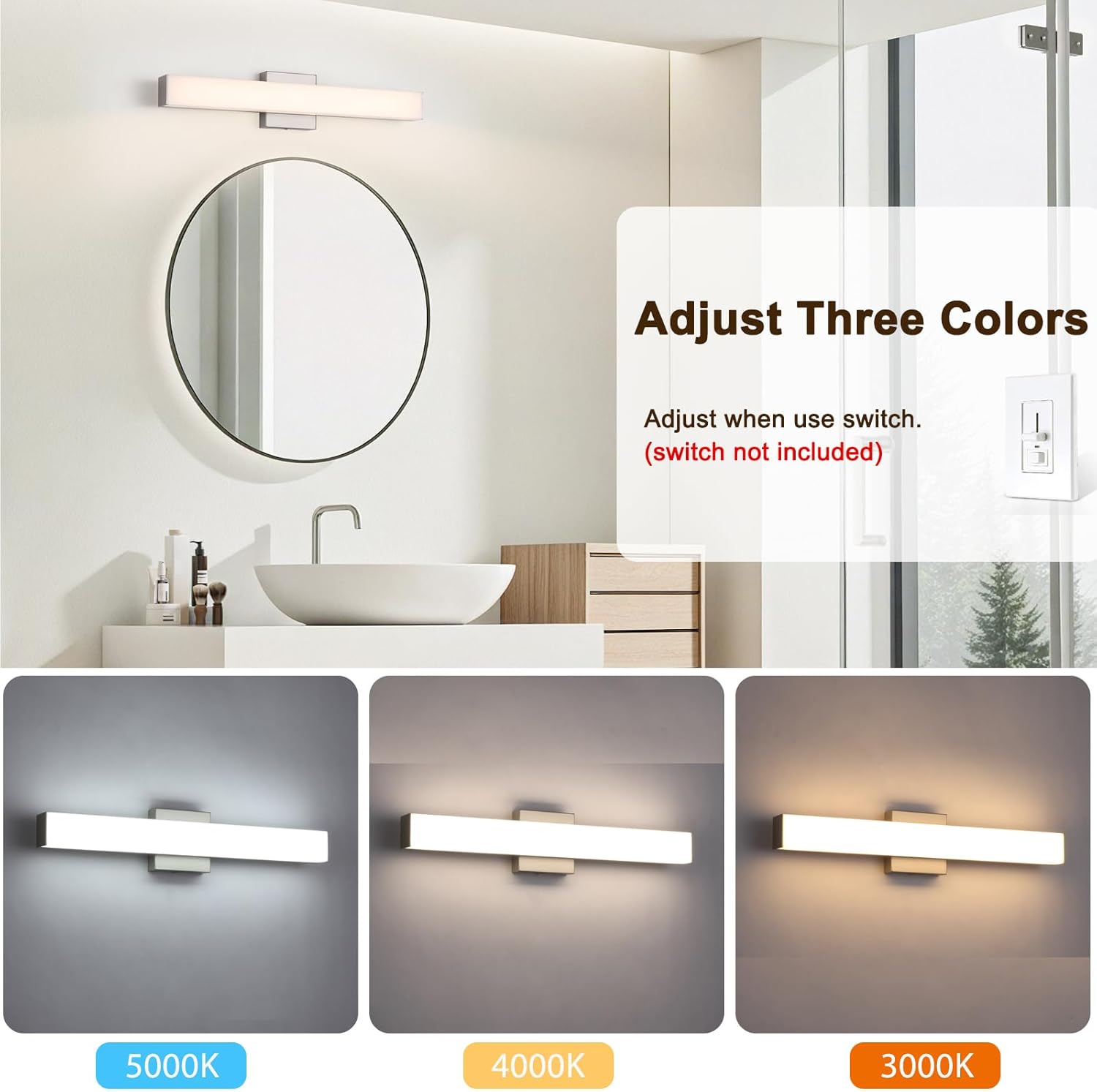 Brushed Nickel LED Vanity Light for Bathroom, 23.6-Inch Modern Fixture Over Mirror, 3 Color Temp Adjustable, 18W Energy-Saving Anti-Fog Lighting for Dressing Table, Dressing Room