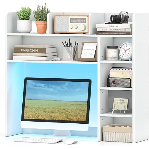 Tangkula Desktop Bookshelf with LED Lights, Desk Hutch with 8 Shelves for Max 25" Monitor, Desktop 5-Tier Display Rack, Multipurpose Wood Desktop Storage Hutch Organizer for Dorm Office Home (White)