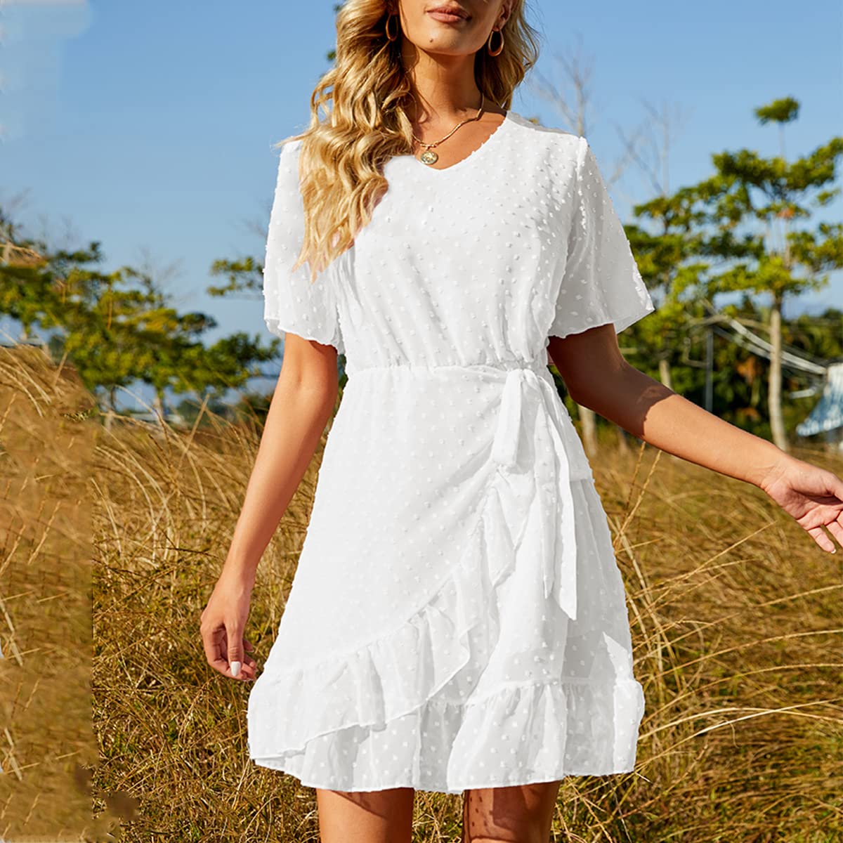 Womens White Chiffon Dresses Long Sleeve V Neck Midi Dress Casual
