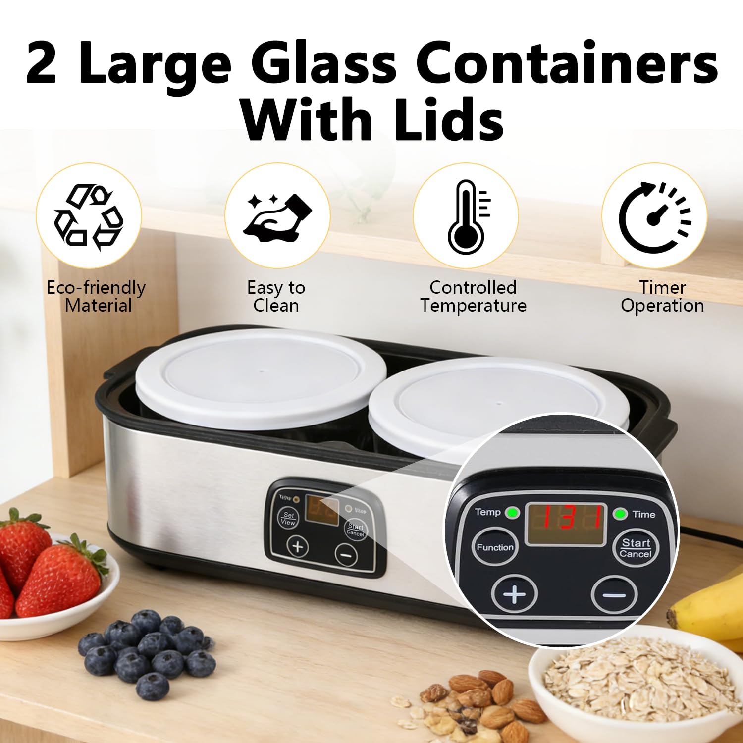 Automatischer Joghurtmaschine, 2L Einstellbare Temperatur & Timer Elektrischer Joghurtbereiter mit LED-Anzeige und 2 Glasbehältern, Ideal für Zubereitung Bio-Joghurt, Milchprodukten, Käse, Natto