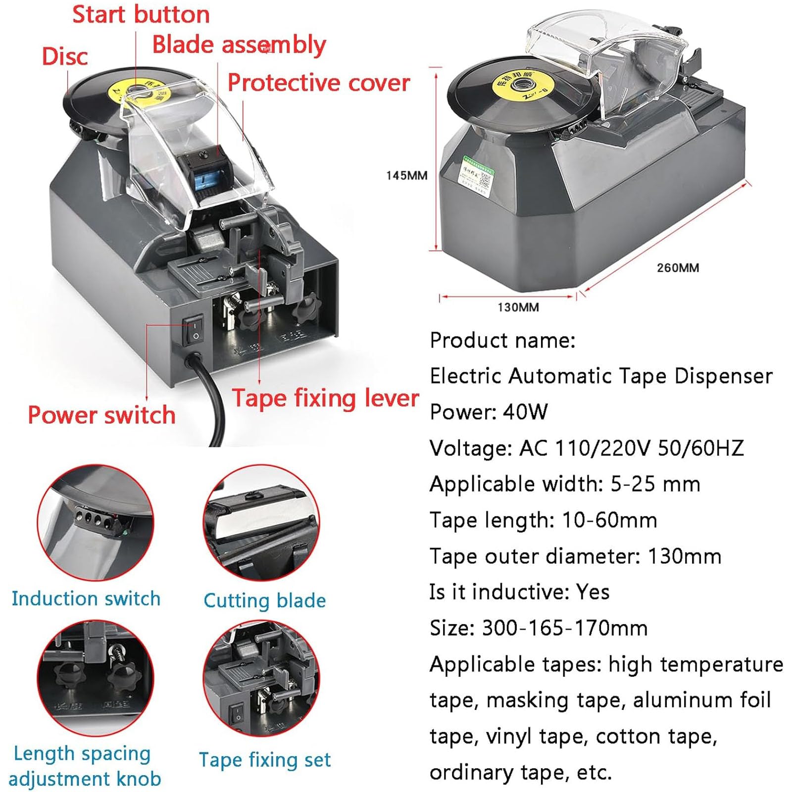 Dispensador de cinta eléctrica con sensor automático, longitud de corte ajustable de 10 a 60 mm para cinta de 5 a 25 mm, ideal para embalaje, oficina y almacén