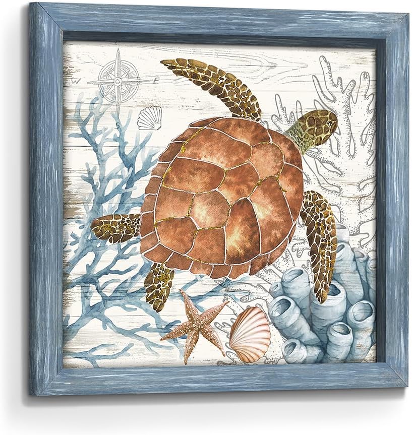 Product photo of ( similar) Turtle Picture Framed Wall Art: Coastal Sea Life Wooden Painting Print Decor Rustic Ocean Creature Seabed Coral Artwork for Bedroom Living Room Nursery Sea Turtle 24\"L x 24\"W in Good Condition condition
