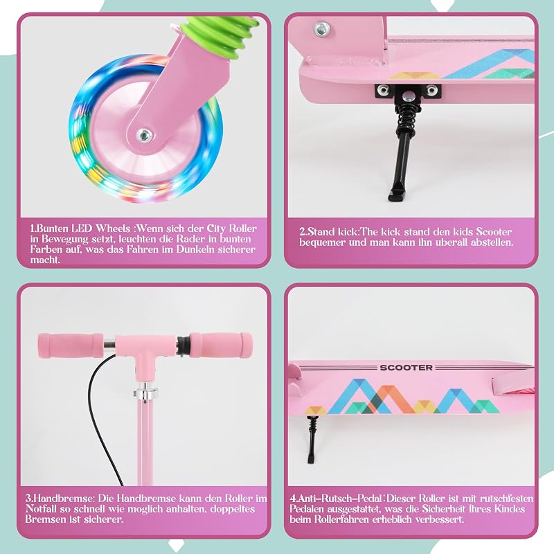TENBOOM összecsukható gyermek roller 3 éves kortól, LED kerekek, magasságállítható - Pink (pink-1)