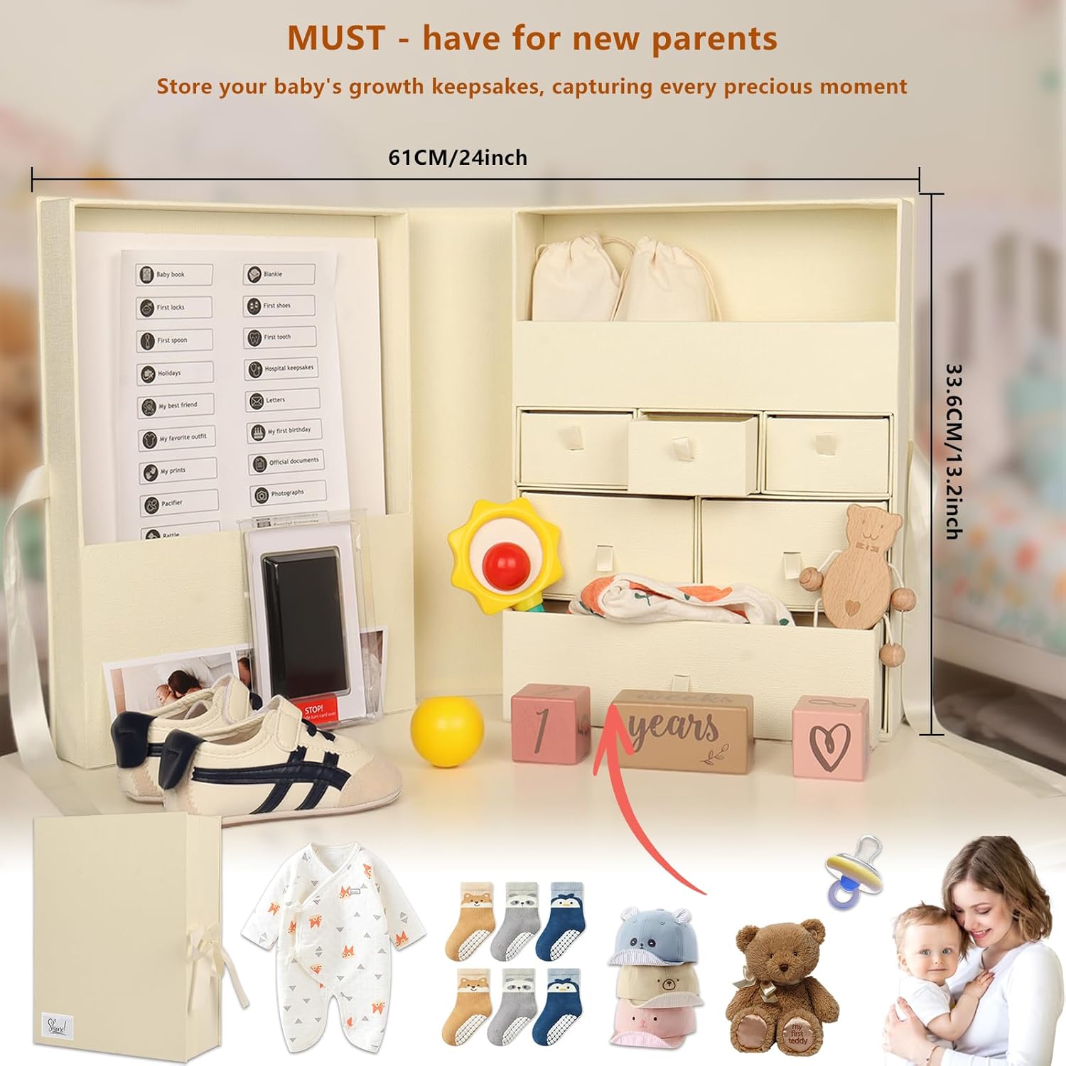 Memory Box for Kids,Baby Keepsake Box, Large Memory Box with Lids 8 Additional Items Neutral Minimalist Newborn Keepsake Box for Baby Girl & Boy,Gift for Baby Shower, Expecting Moms（Light Yellow）