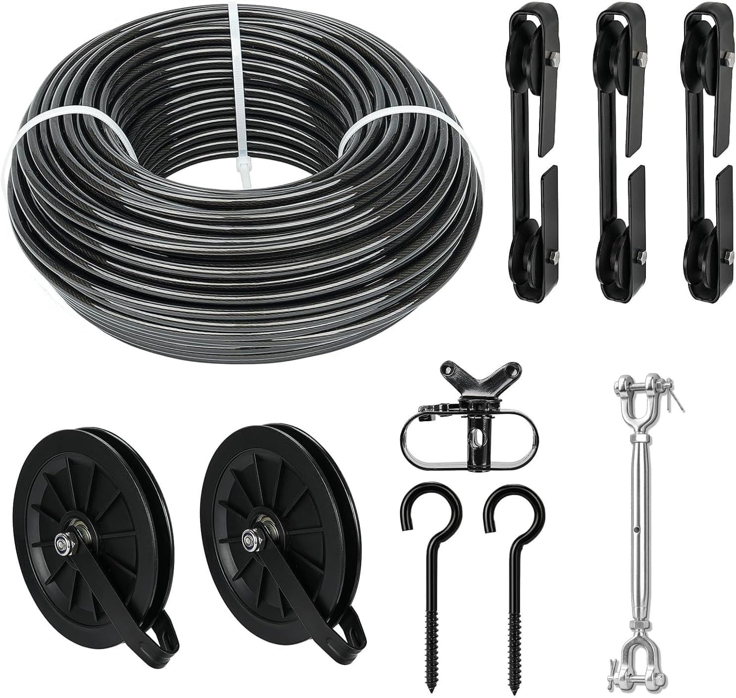 150ft Black PVC Coated Galvanized Clothes Line Pulley Kit with 1/2" 304 Stainless Steel Turnbuckle