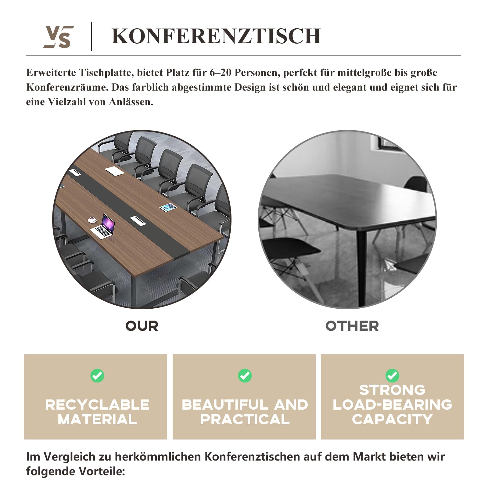 Großer Konferenztisch Büro – Moderner Besprechungstisch mit Kabelmanagement, Rechteckiger Meetingtisch für 8–12 Personen, Stabiler Metallrahmen (ohne Stühle)
