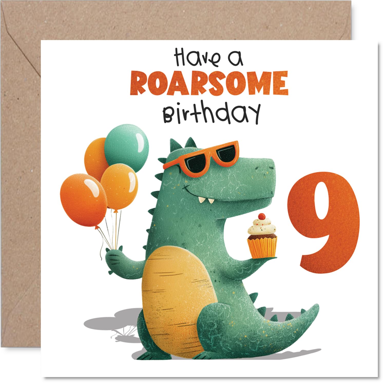 Playful 9th Birthday Card - Roar into Turning Nine - Cheerful Dinosaur with Balloons and Cupcake - Bursting with Birthday Fun - 145mm Square, Envelope Included