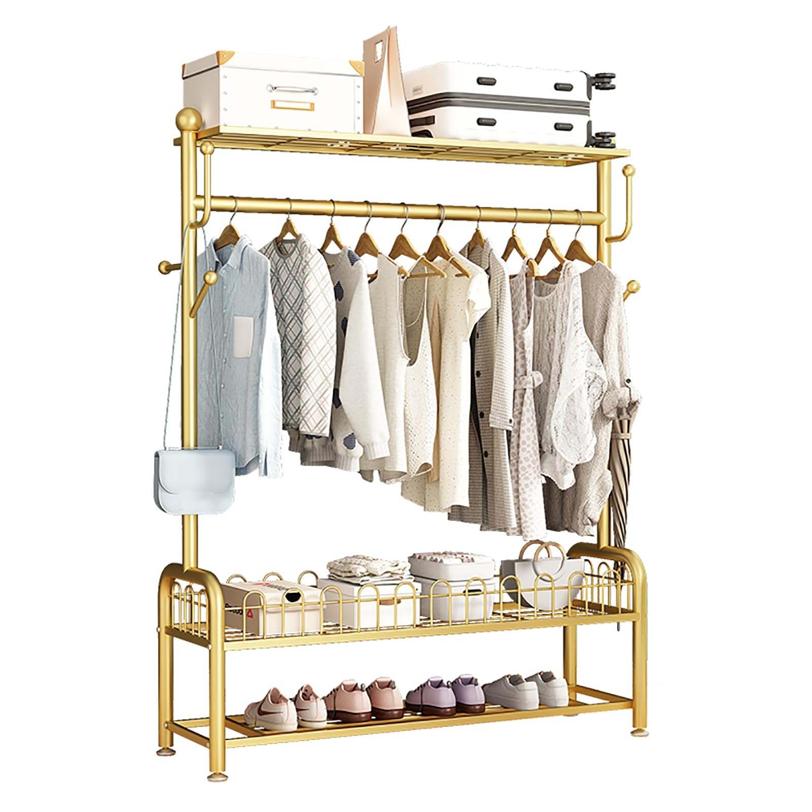 Elegante appendiabiti dorato con scarpiera, 100 cm, autoportante, per ingresso e soggiorno, multifunzionale Perchero Colgador.