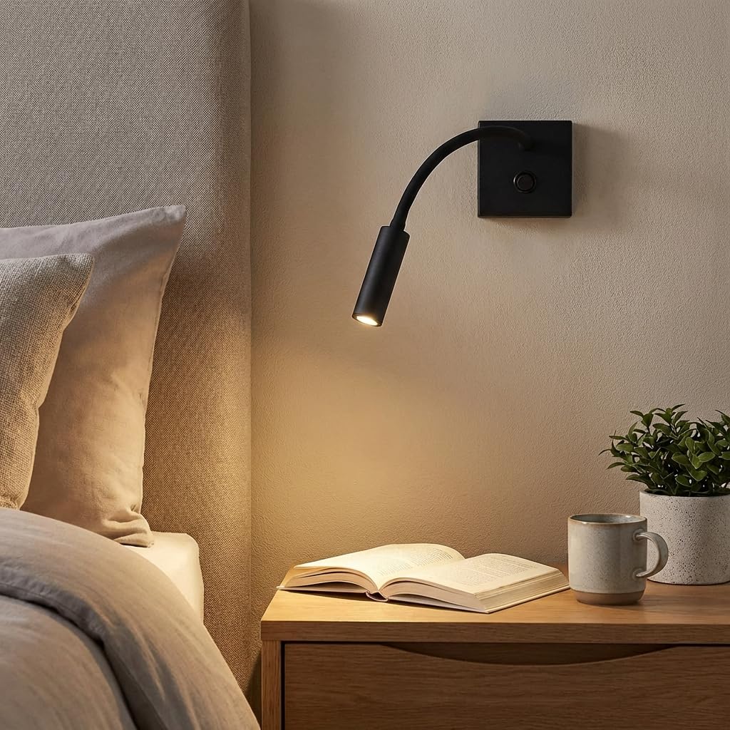 BARCELONA LED Wandlampe LED Schwarz für Lesen "Hale" 3W, Warmweiß 2800K, Flexibler Verstellbarer Arm, Moderner Minimalistischer und Klassischer Stil, Lesekomfort, Schlafzimmer, Treppen, Restaurant