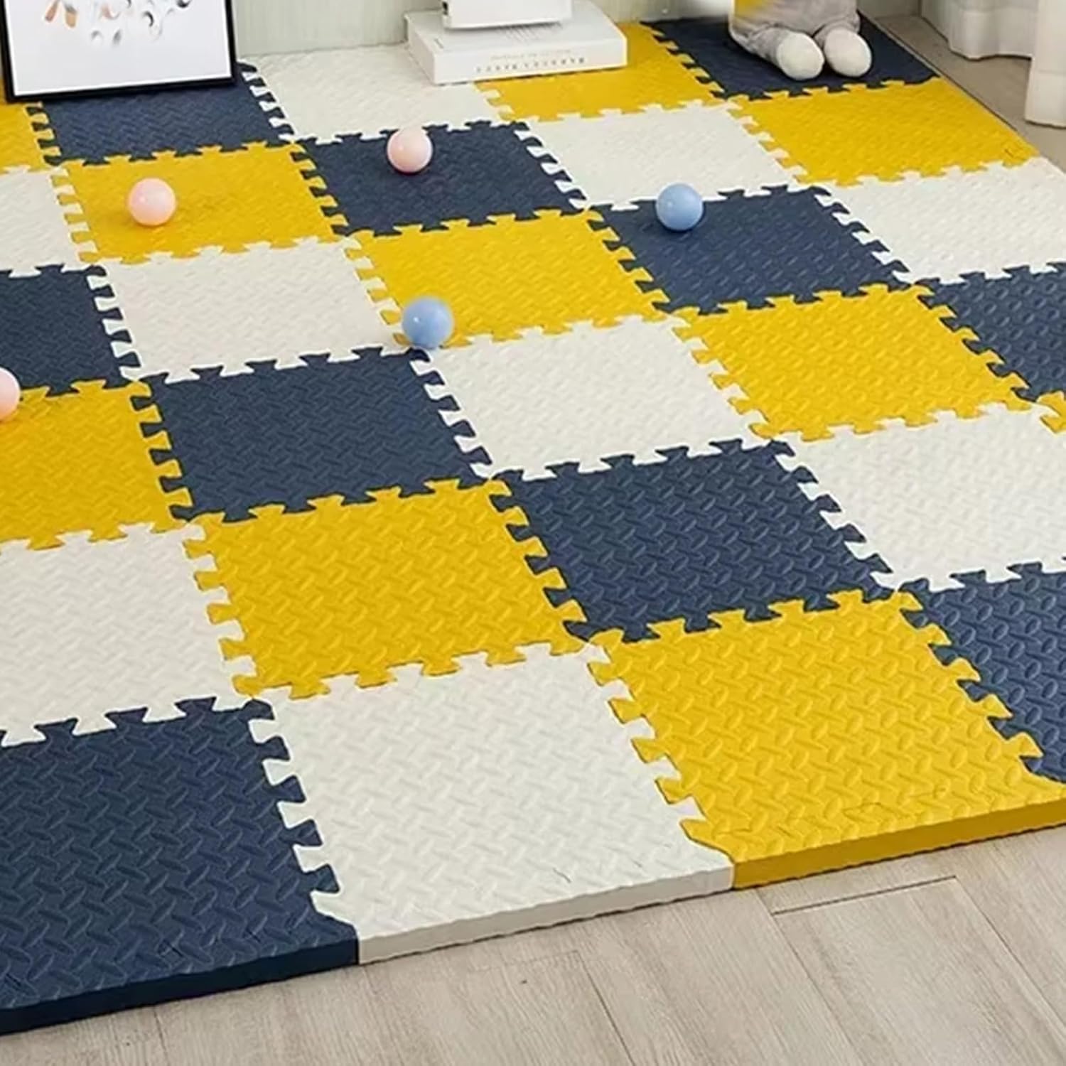 Interlocking Floor Mats, EVA Foam Floor Mat, Sound Absorbing for Indoor Playground, Living Room, Exercise Fitness, Yoga(60 * 60 * 2.5cm)(Navy-White-Yellow,4p)