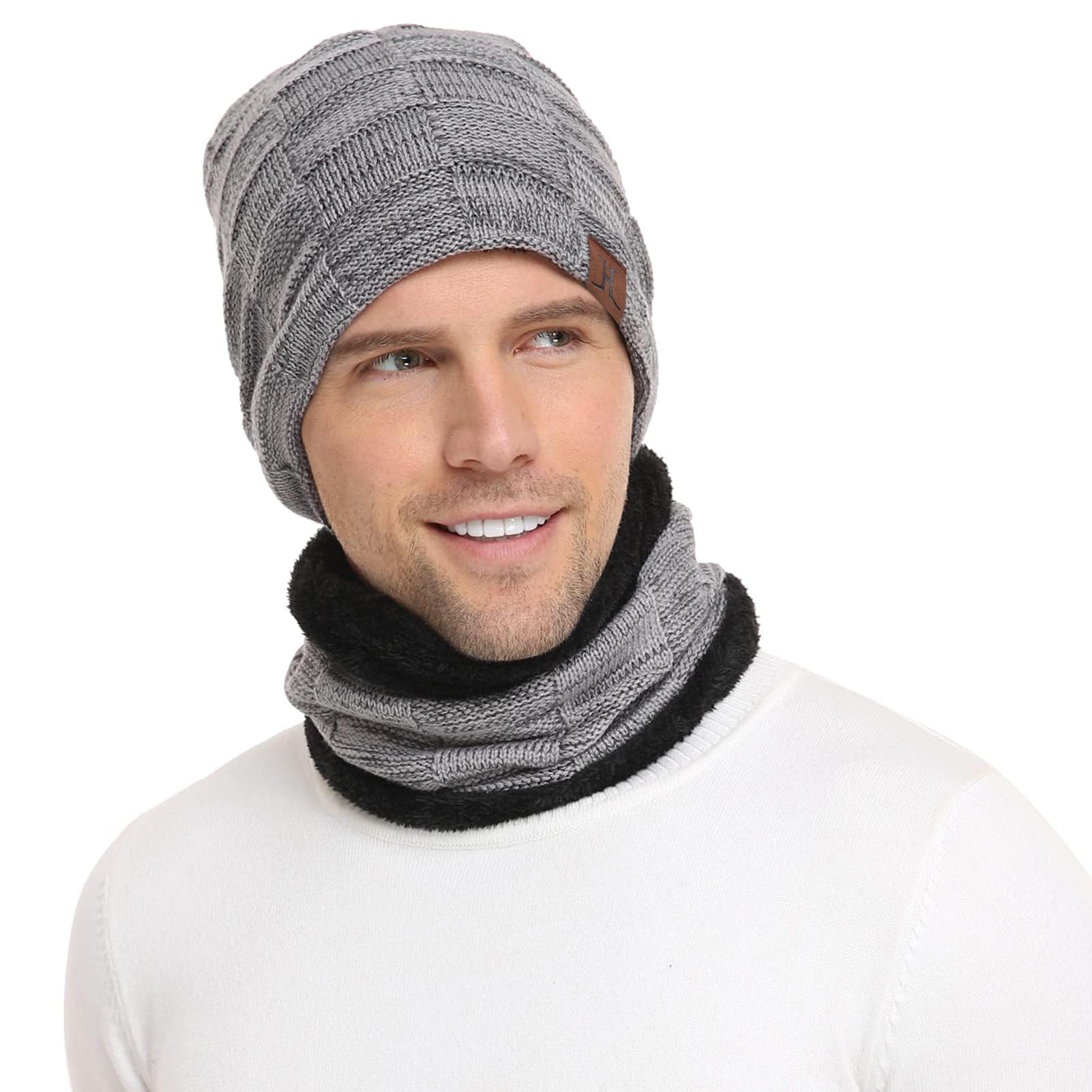 Bequemer Laden Winter Beanie Mütze Herren Loop Schal Warm Set Gefütterte | 2 Stück Thermo Wintermütze Herren Schlauchschal Set Doppellagige Strickmütze Rundschal Winterschal Männer Geschenke