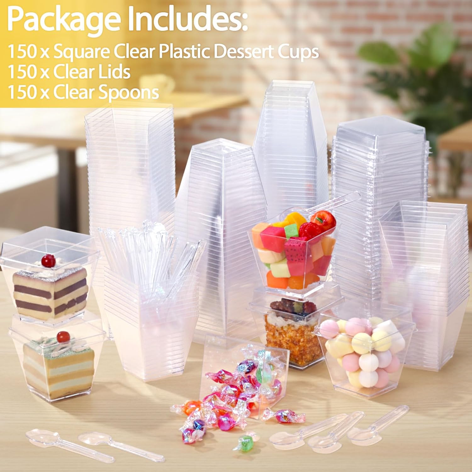 CHENGU 150 Set 7 Oz Square Dessert Cups Clear Plastic Cups with Lids and Spoons Disposable Dessert Tumbler for Parfait Ice Cream Appetizers Puddings Fruit Mousse Party Supplies(Flat Cover)