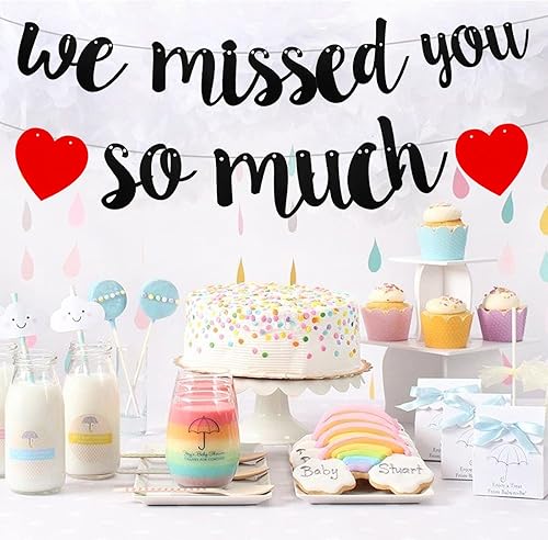 Miniatura 5 de Cartel de bienvenida para el hogar con texto en inglés "We Missed You So Much", con purpurina negra con texto en inglés "Happy Friendsgiving