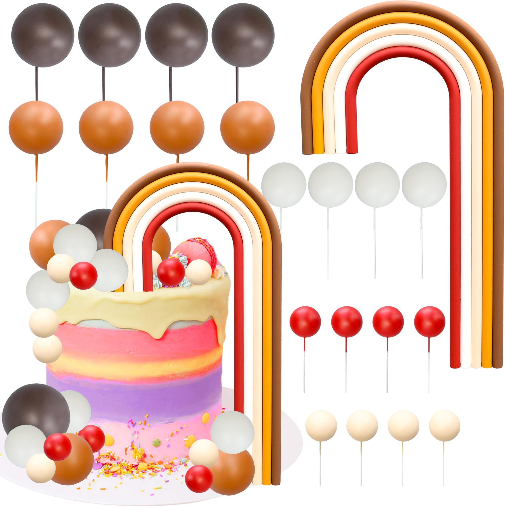 Ephlyn 26Pcs Rainbow Cake Toppers Mini Balls Cake Decorations Pastel Color Balls Cupcake Toppers for Birthday Baby Shower Wedding Party Supplies Red Coffee