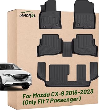 Car Floor Mats Replacement for Mazda CX-9 2016-2023 Only Fit 7 Passenger Protection Custom Fit Carpets Waterproof Durable Odorless Liners Front & Rear Accessories for Dad