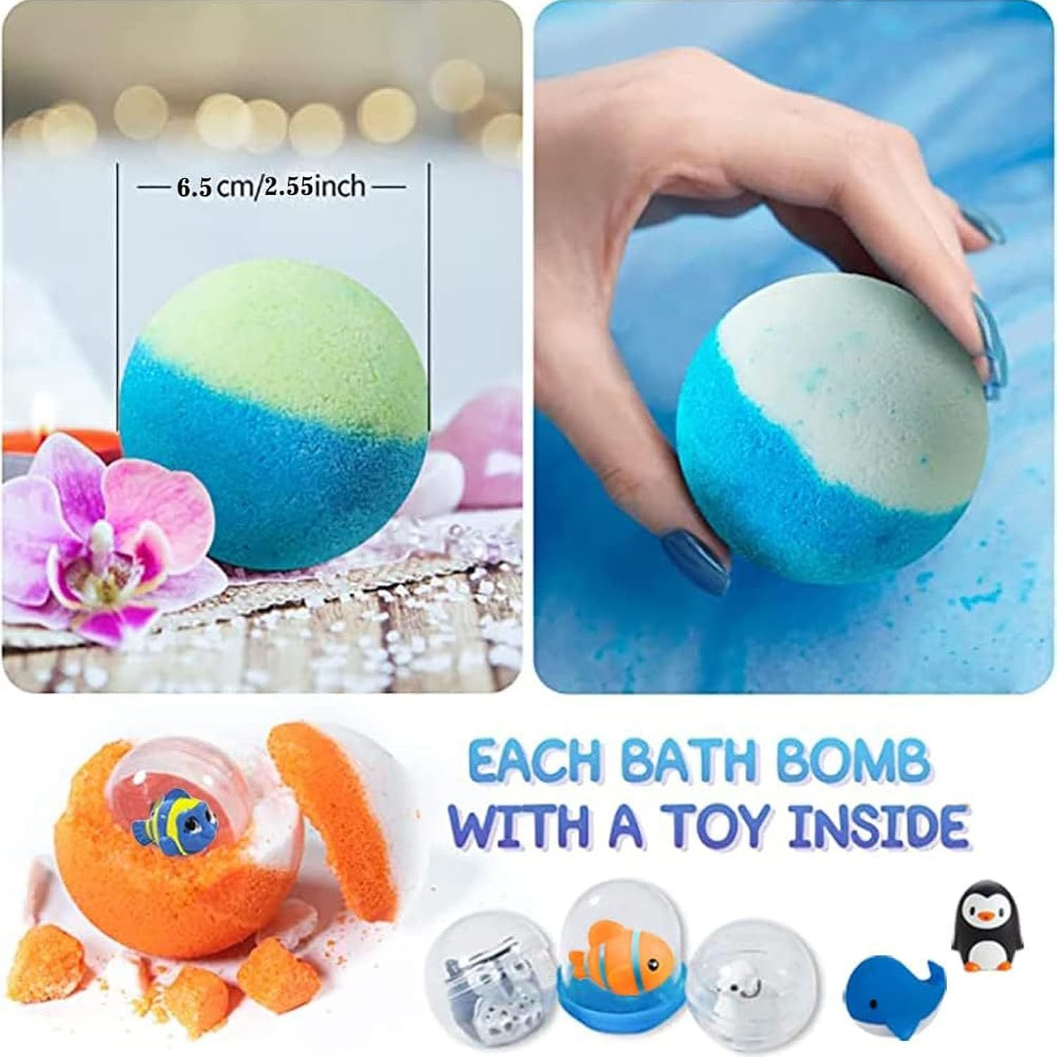 2026 New Natural Ocean Surprise Bath Bombs for Kids with Mega Bubbles & Surprise Inside, Natural Colorful Bubble Fizzies with Toys Inside, Easter Basket Stuffers Birthday Gift Set (Green)