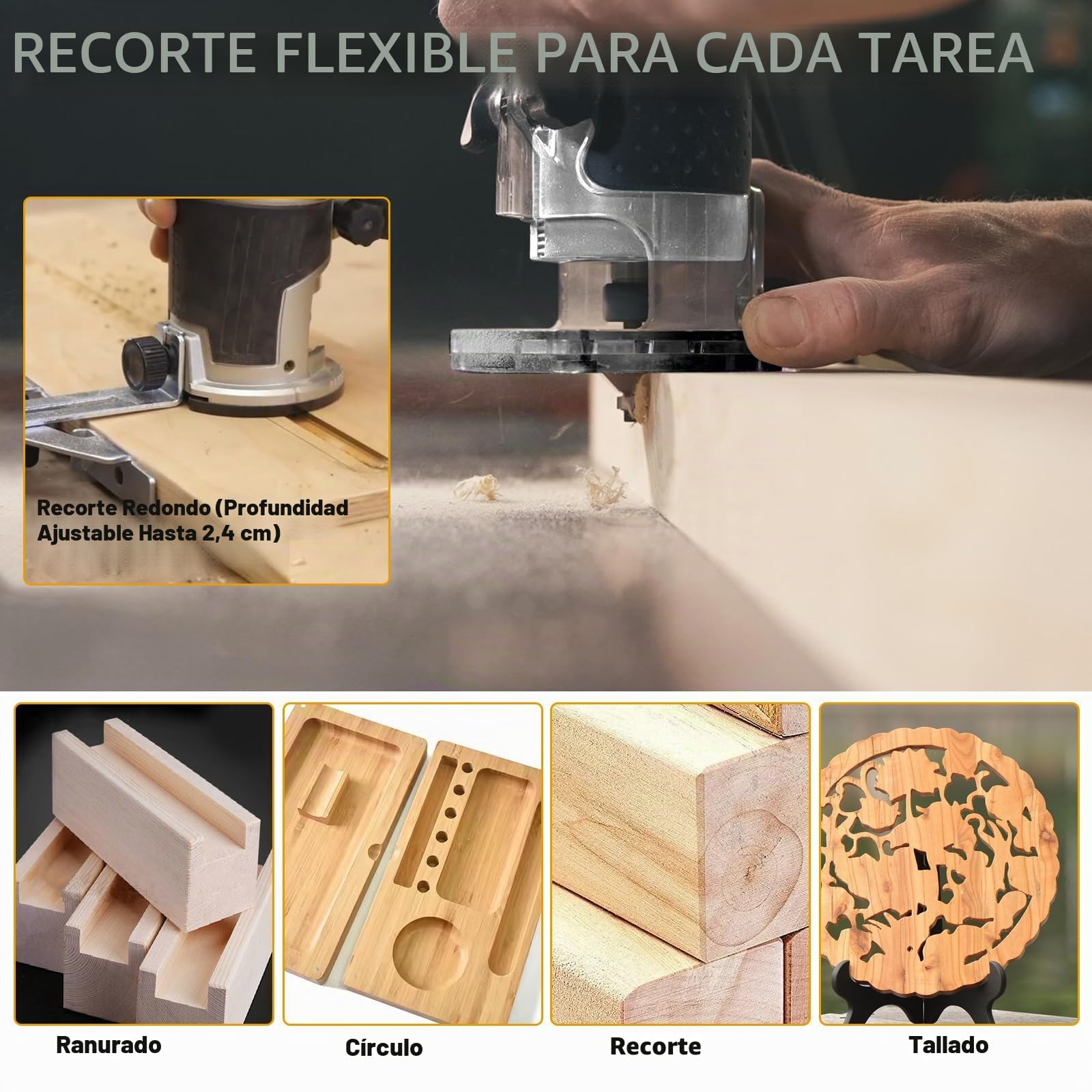 Enrutador inalámbrico compatible con batería Dewalt de 18 V y 20 V, 800 W, 30000 rpm, recortadora de madera sin escobillas con 6 velocidades, cortador de bordes de base de aluminio con 15 brocas de