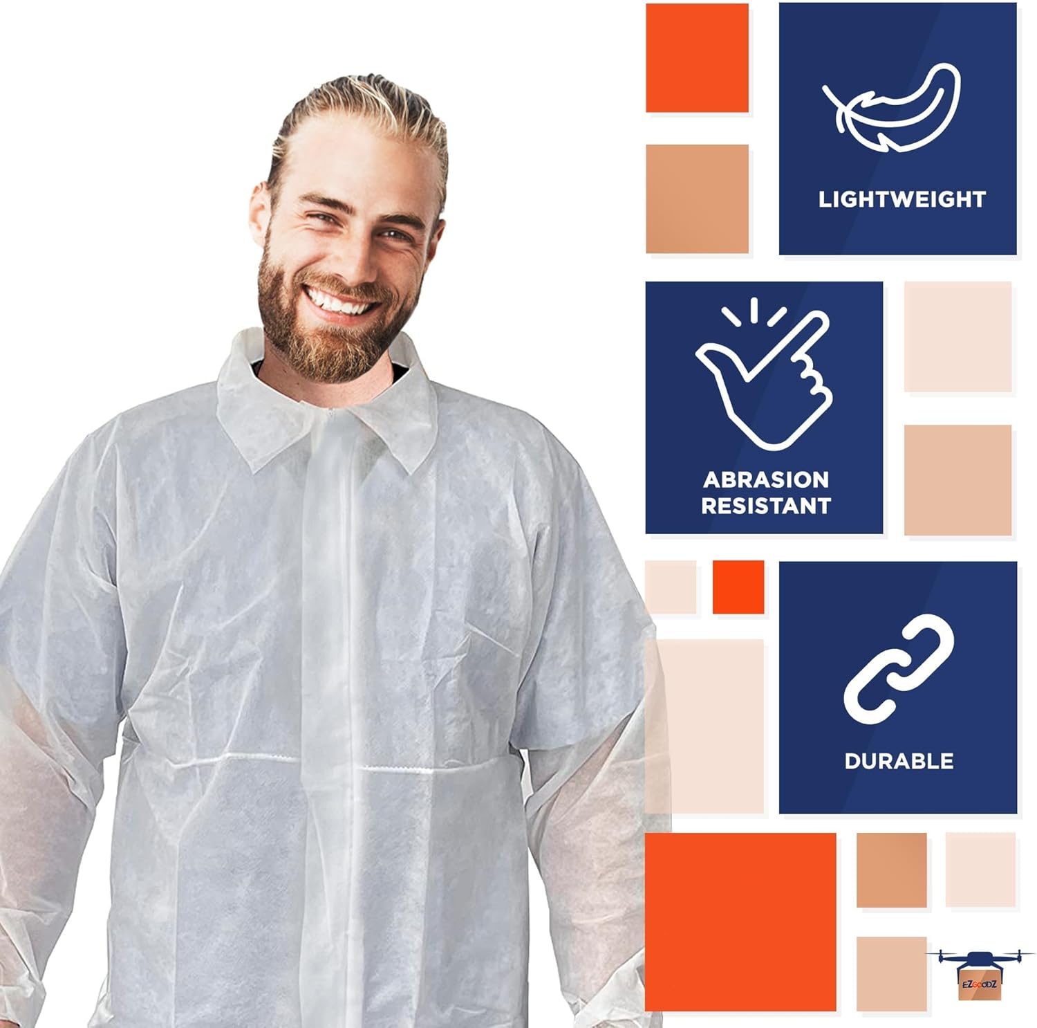 EZGOODZ White Hazmat Suits Disposable, Large. 25 Pack 30 GSM Polypropylene Disposable Coveralls for Men/Women. Breathable Unisex Lab Coveralls Disposable with Front Zipper, Elastic Wrists & Ankles