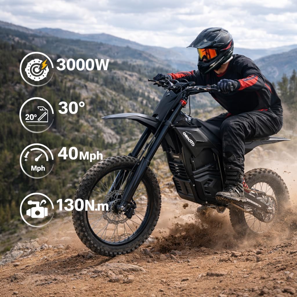 Electric Dirt Bike for Adults - 3000W 40MPH Motor Electric-Motorcycle - 48V 53 Miles Range Battery Dual Hydraulic Brakes and Full Suspensions Mountain Off-Road Electric Dirt Bike