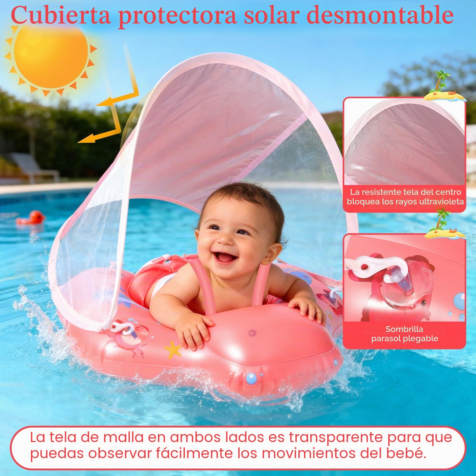 Flotador de Bebe Inflable para 3-36 Meses, Flotador Bebe con Sombrilla y Asiento de Seguridad, Banda de Natación para Bebés, Protección UV UPF 50+, Adecuado Bebe para 5-15 KG(Rosa)