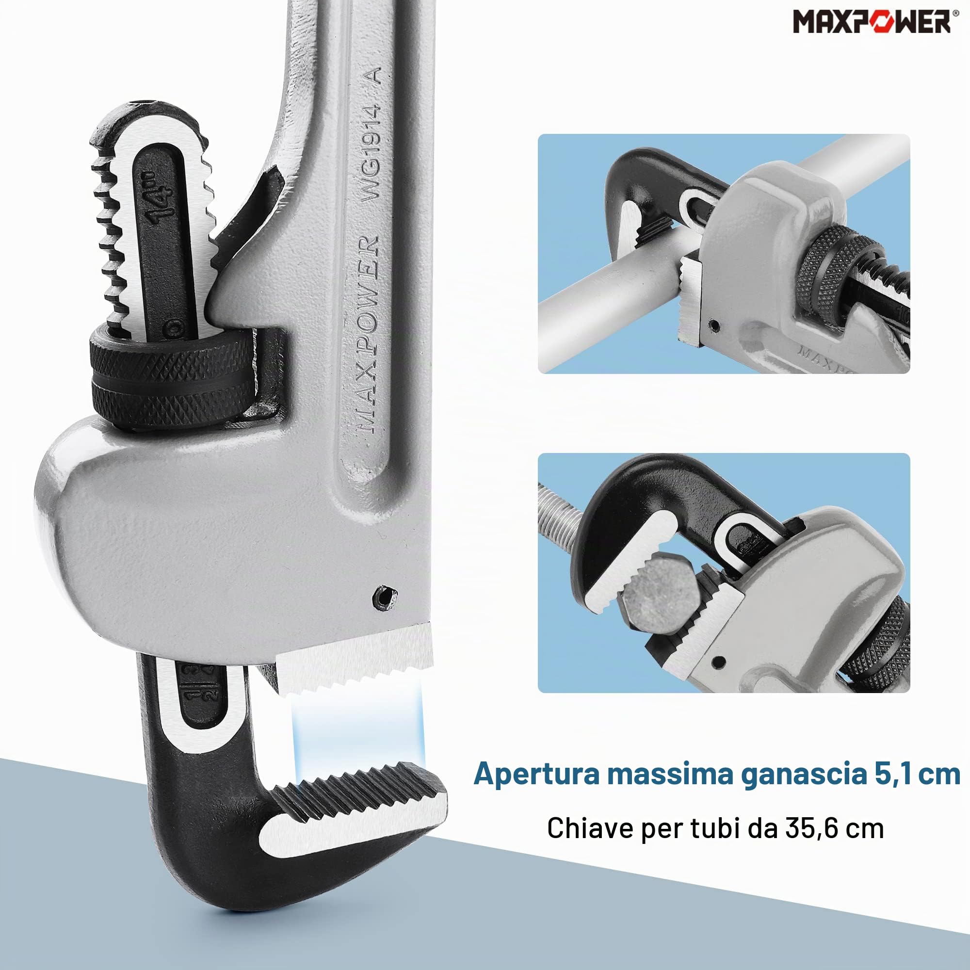 MaxPower Chiave per Tubi Dritta in Alluminio, Chiave per Idraulica da 35,5 cm, Diametro di Serraggio da 48mm
