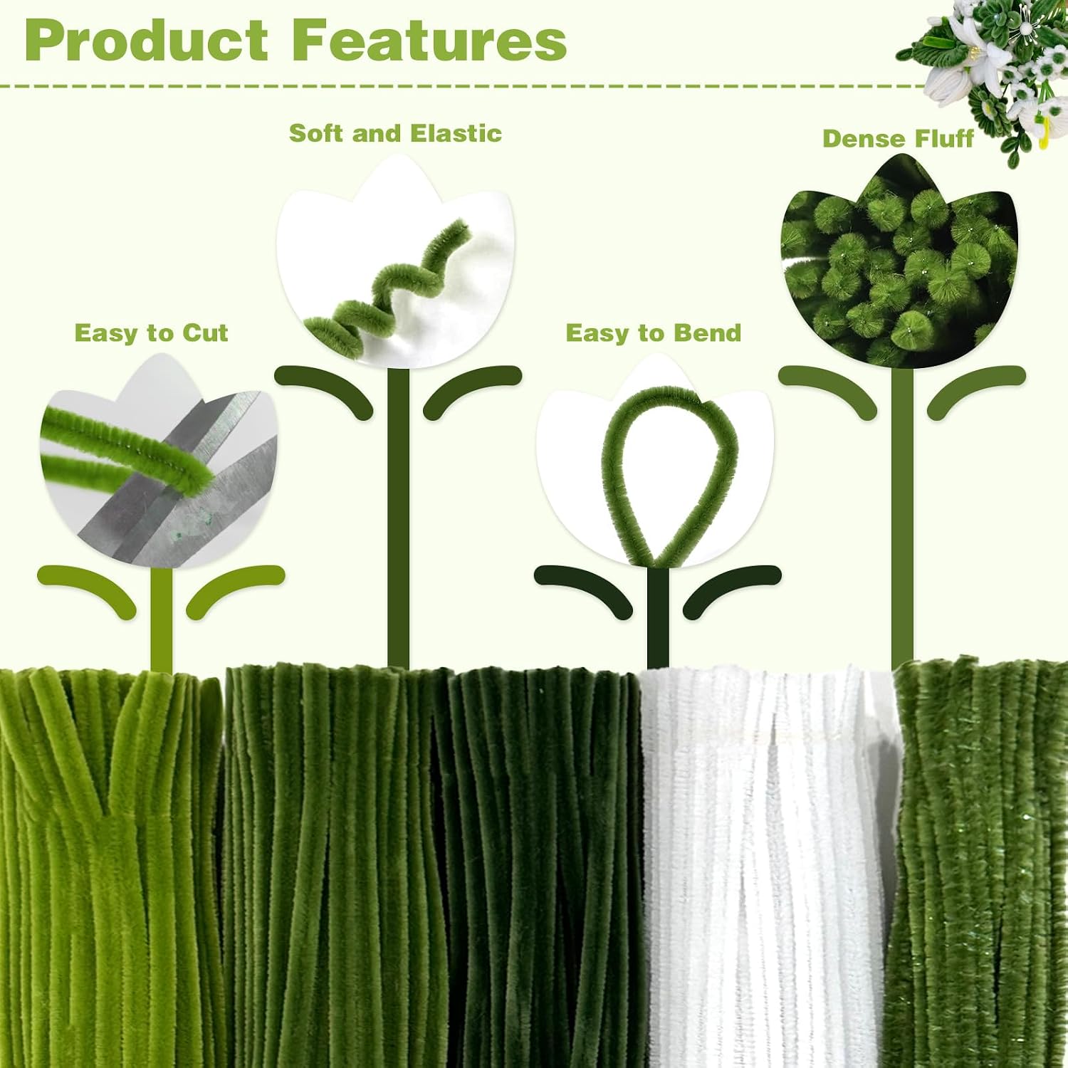 470pcs Green Pipe Cleaners Flower Kit,5 Colors Pipe Cleaner Bulk with Instruction for Flowers Making, Chenille Stems with Floral Wire Stems, Floral Tape,DlY Decorations and Art Supplies
