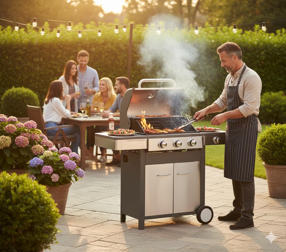 Barbecue à gaz professionnel de jardin en acier inoxydable avec cuisinière latérale, thermomètre, grille en fonte émaillée, chariot avec armoire (3 brûleurs (P 58 x L 126 cm x H115,5 cm))