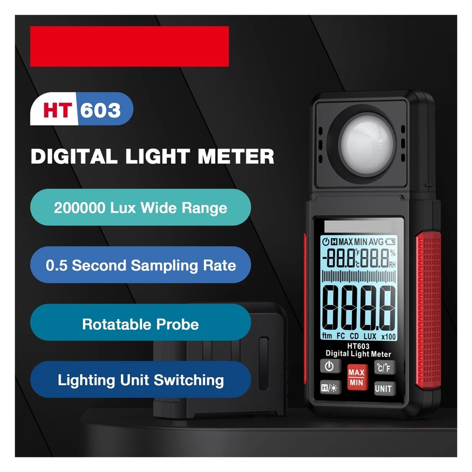 Luxómetro Digital 200000 Lux FC medidor de iluminancia fotómetro probador con Humedad y Temperatura Ambiente para Interior y Exterior