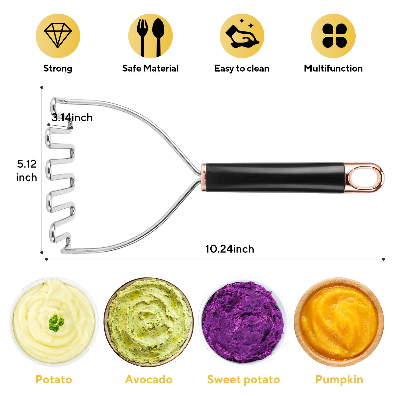 Kartoffelstampfer Edelstahl Küchenwerkzeug Professioneller Metalldraht Crusher für Bohnen, Avocado, Gemüse - 26cm Robustes Design für müheloses Stampfen