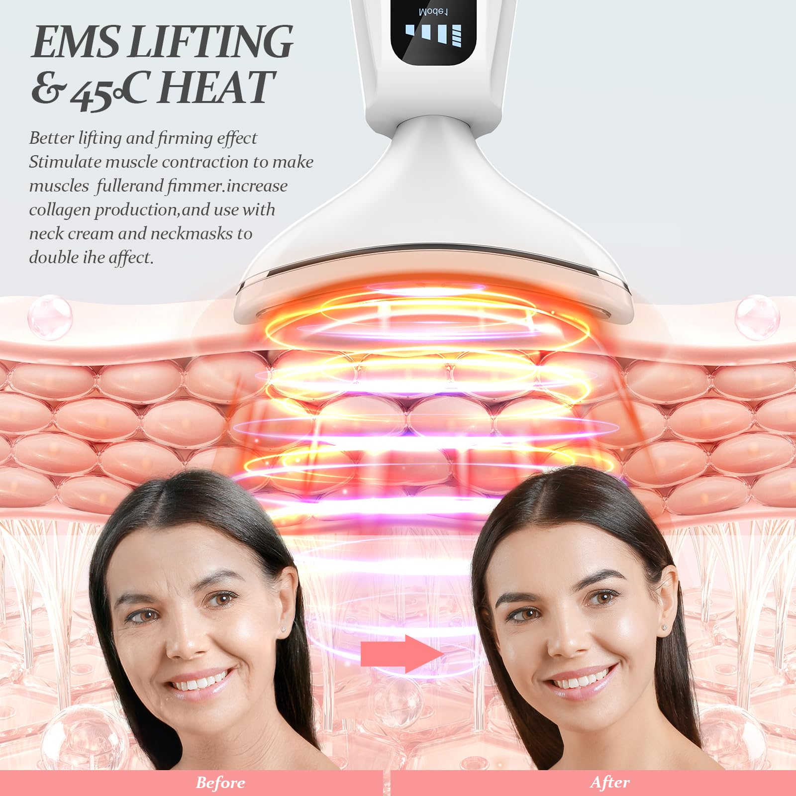 Gesichtsmassagegerät Gegen Falten EMS Gerät Hals Massager, Face Beauty Device mit Lifting Effekt & Anti Aging, 3 Modi, 7 Farben LED Licht wiederaufladbar