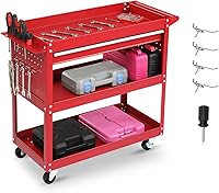 Winado 3-Tier Rolling Tool Cart with Drawers - Heavy Duty Steel Utility Cart on Lockable Wheels for Garage Workshop Red