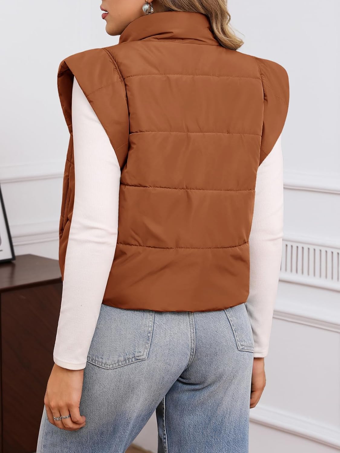 Tankaneo Womens Cropped Puffer Vest Cap Sleeve Zip Up Puffy Qulited Jacket Stand Collar Padded Gilet Coat Winter Outerwear - Image 3