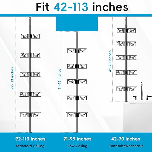 Miniatura 8 de Skycarper Organizador de ducha esquinero ajustable de 5 niveles con ganchos, poste de tensión inoxidable de 62 a 116 pulgadas, color negro