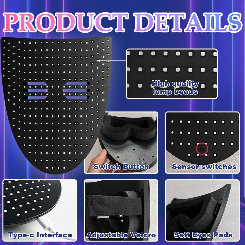 Máscara LED con detección de gestos, máscara iluminada de Halloween, máscaras transformadoras faciales con luz LED con 50 imágenes, máscaras luminosas LED digitales para Halloween, cosplay