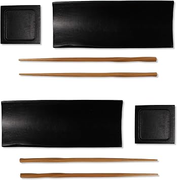 BambooMN 6 Piece, 2 Sets of 7" Reusable, Eco-Friendly, Black Bamboo Sushi Serving Plates/Trays Chopsticks, and Soy Sauce Dishes Included!