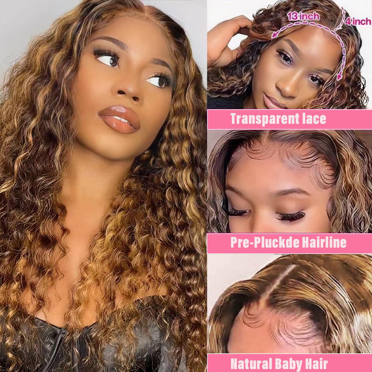 4/27 Highlight Ombre Lace Front Wigs Human Hair Pre Plucked 13x4 HD Honey Blonde Lace Front Wig Human Hair Wigs for Black Women 150% Density Deep Wave Glueless Wigs Human Hair 30 Inch