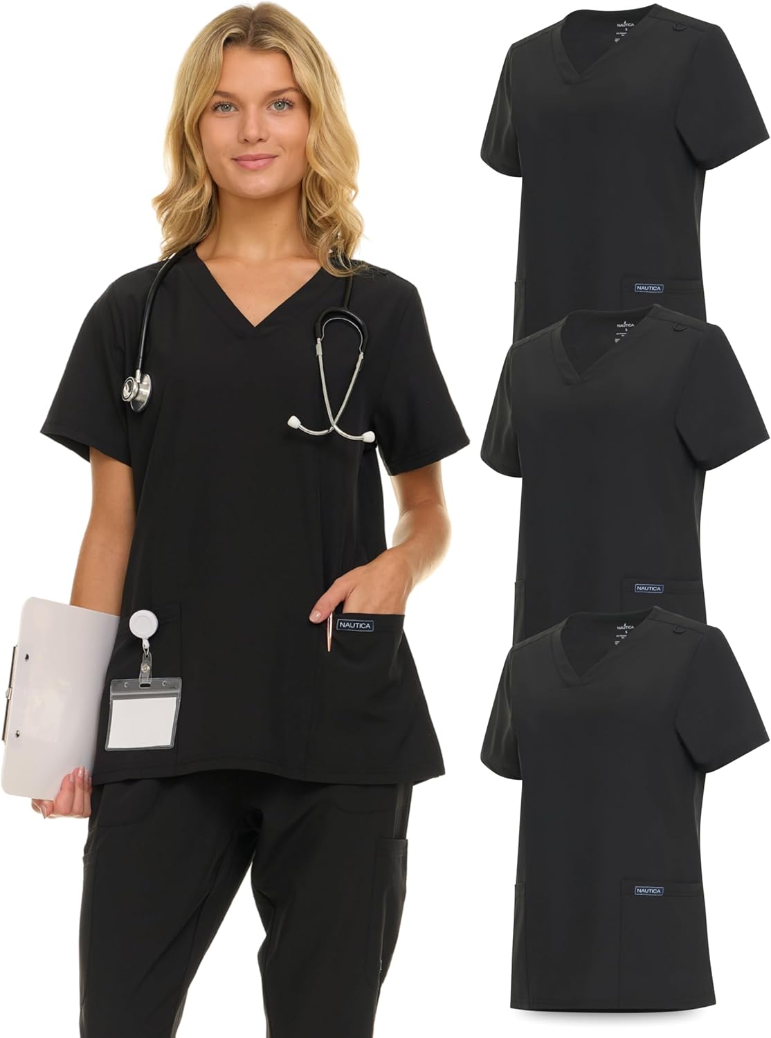 Nautica Womens Scrubs Tops, 3 Pack V-Neck Breathable Scrub Tops Women, 3 Pocket Stretch Fabric Scrubs for Women