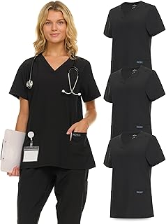 Nautica Womens Scrubs Tops, 3 Pack V-Neck Breathable Scrub Tops Women, 3 Pocket Stretch Fabric Scrubs for Women