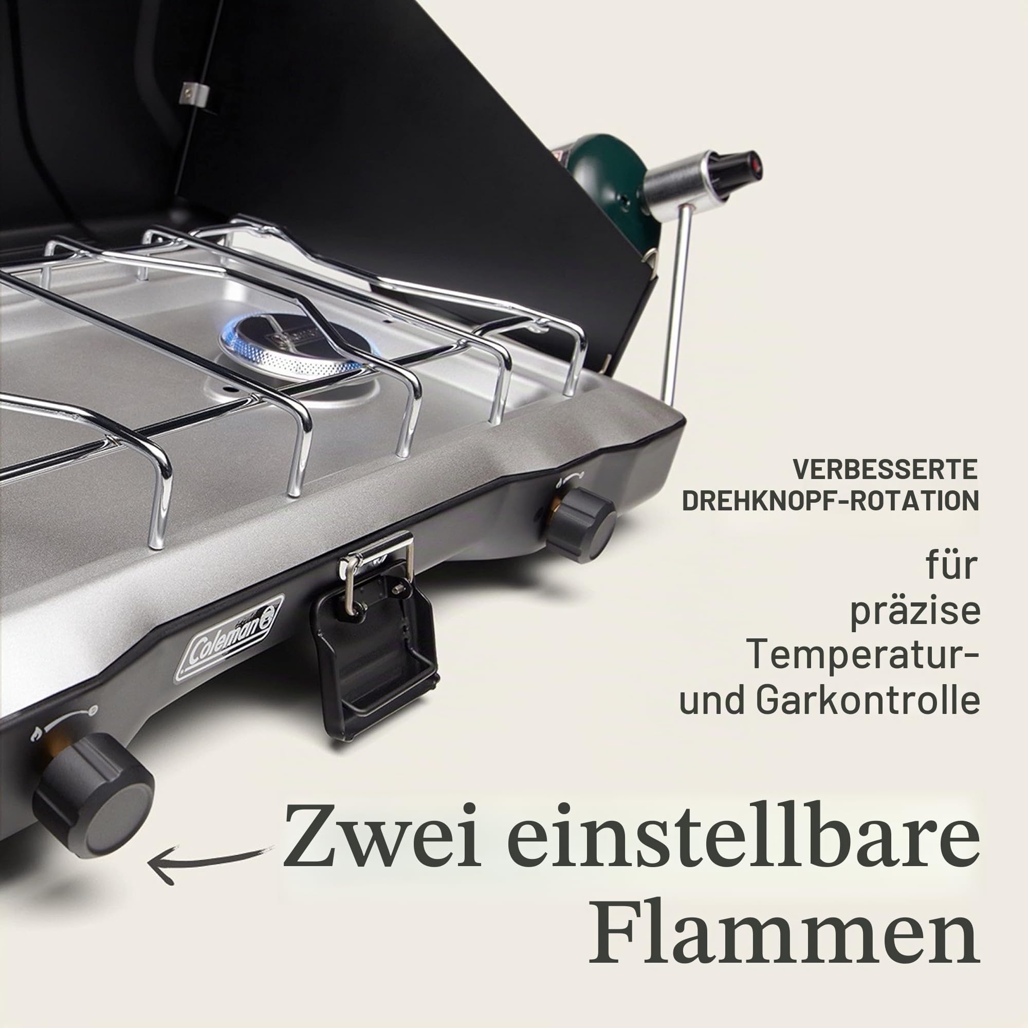 Coleman Triton 2-flammiger Propangas-Campingkocher, tragbarer Campinggrill/Herd mit verstellbaren Brennern, Windschutz, robuster Verriegelung und Griff, insgesamt 22.000 BTU Leistung