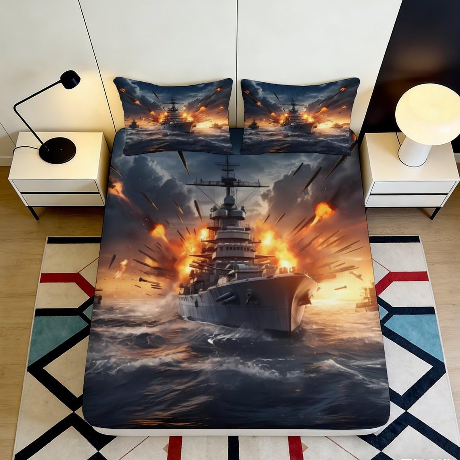 3D Printed Battleship Explosion Fitted Sheet Microfiber Soft Dark Navy Warship Mattress Cover Bedroom Decor 90x200x25cm