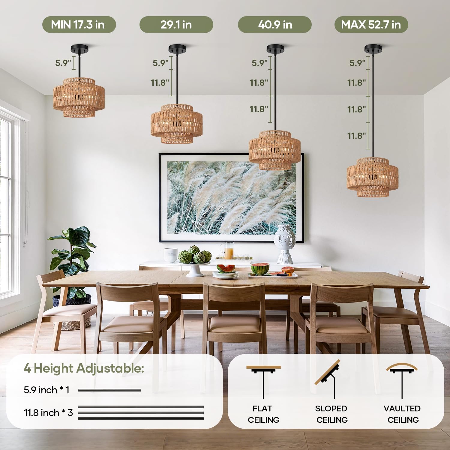 12.2" Boho Rattan Chandelier for Dining Room Light Fixture, 3-Light Hand Woven Wicker Pendant Light Fixture, Farmhouse Rustic Hanging Black Chandelier for Dining Room, Kitchen Island, Living,Hallway