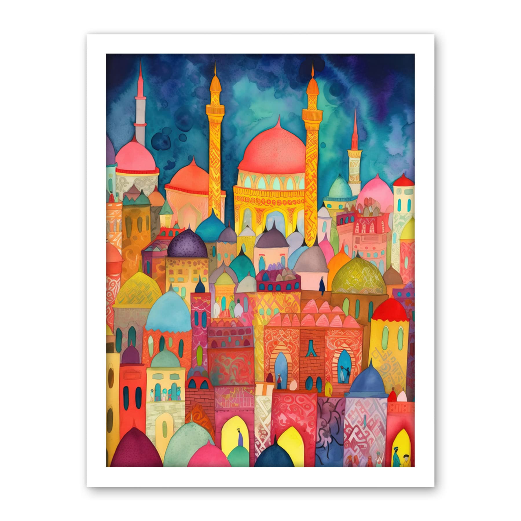 Artery8 Hagia Sophia Evening Cityscape Folk Art Watercolour Painting Artwork Framed Wall Art Print 18X24 Inch