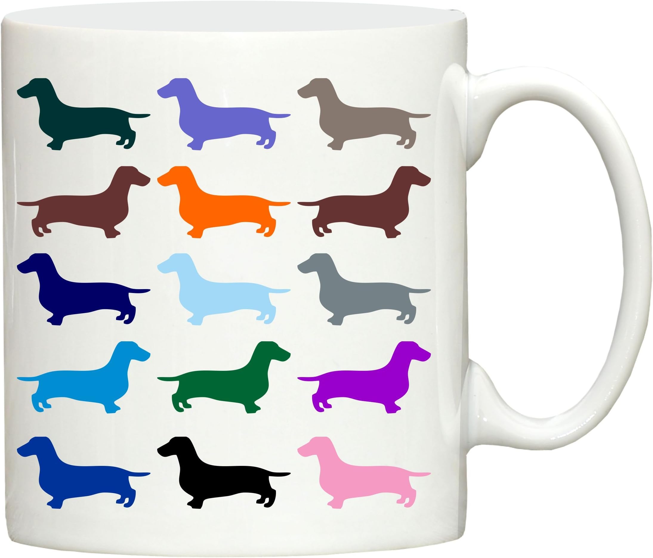 Dog Exhibitor Colourful Dachshund design hand printed ceramic mug printed in the UK merchandise, great for tea, coffee and most hot or cold beverages.