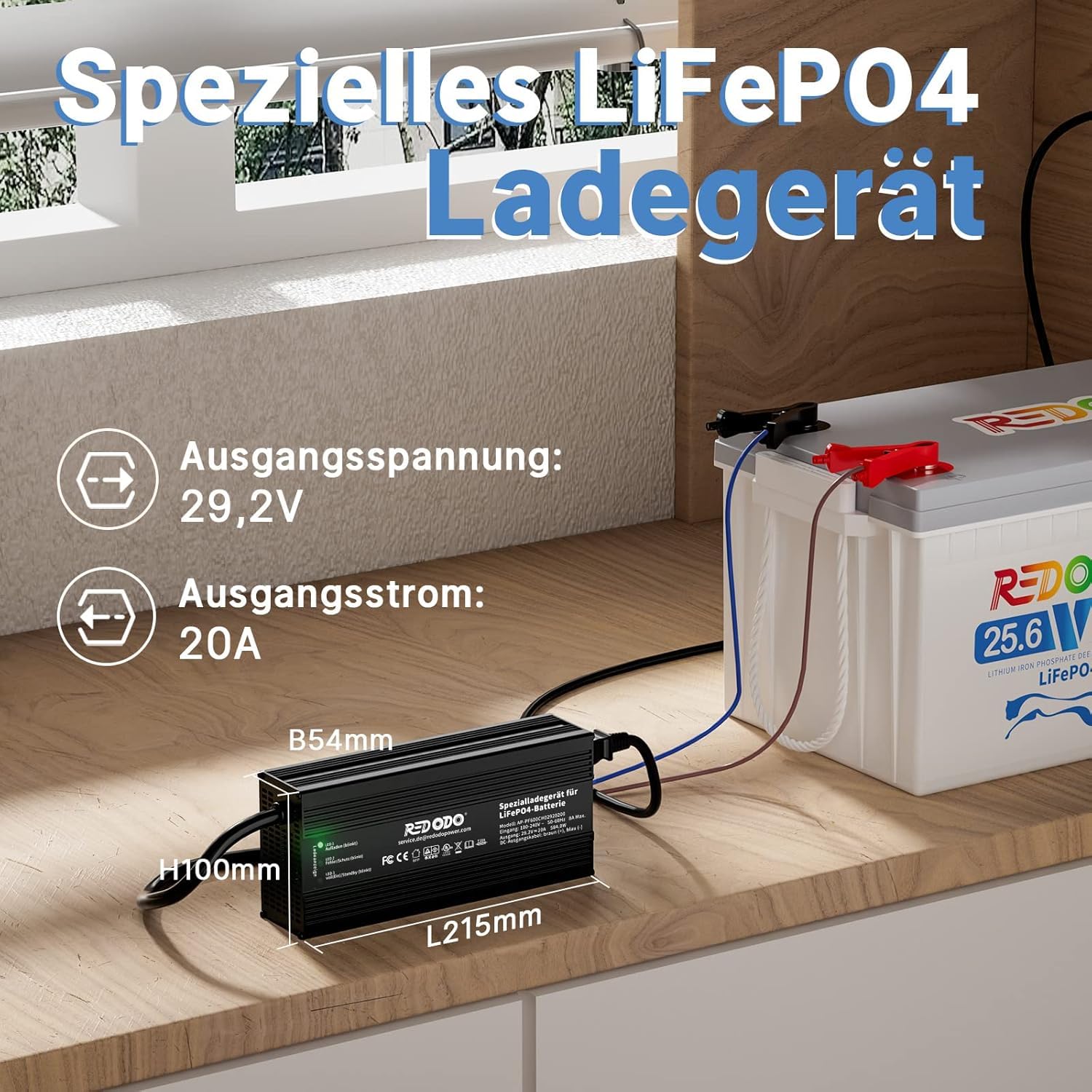 Redodo Akumulator litowy LiFePO4 24 V 100 Ah Bluetooth i zestaw ładowarek 29,2 V 20 A, 2560 Wh, do 15000 cykli, idealny do silników trollingowych, samochodów kempingowych, łodzi i domowych systemów