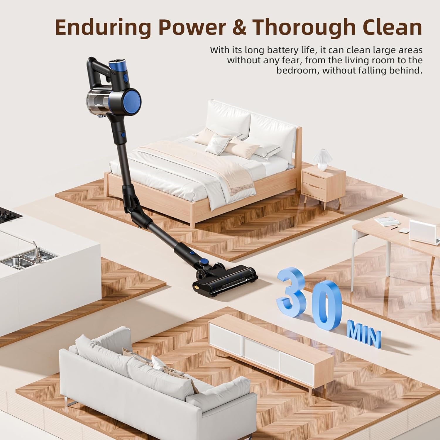 COWSAR Cordless Stick Vacuum Cleaner, Bagless Lightweight Stick Vacuum for Carpet and Floor, 8-in-1 Rechargeable Wireless Powerful Suction Vacuum Cleaner for Home, Blue