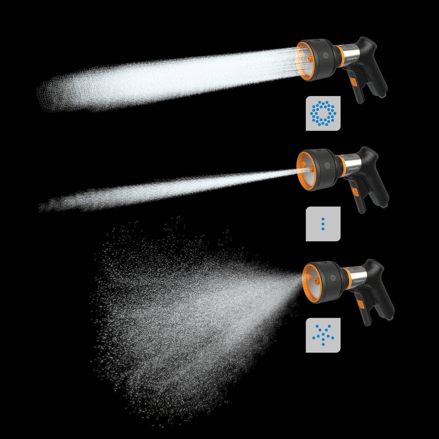 Fiskars Pistolet pulvérisateur, FiberComp, 3 Jets, Débit réglable en continu, Verrouillage marche/arrêt, Filtre à eau amovible, FiberComp/métal, Taille universelle, Noir/Orange, 1067194 | Verrouillage marche/arrêt, Filtre à eau amovible, FiberComp/métal,
