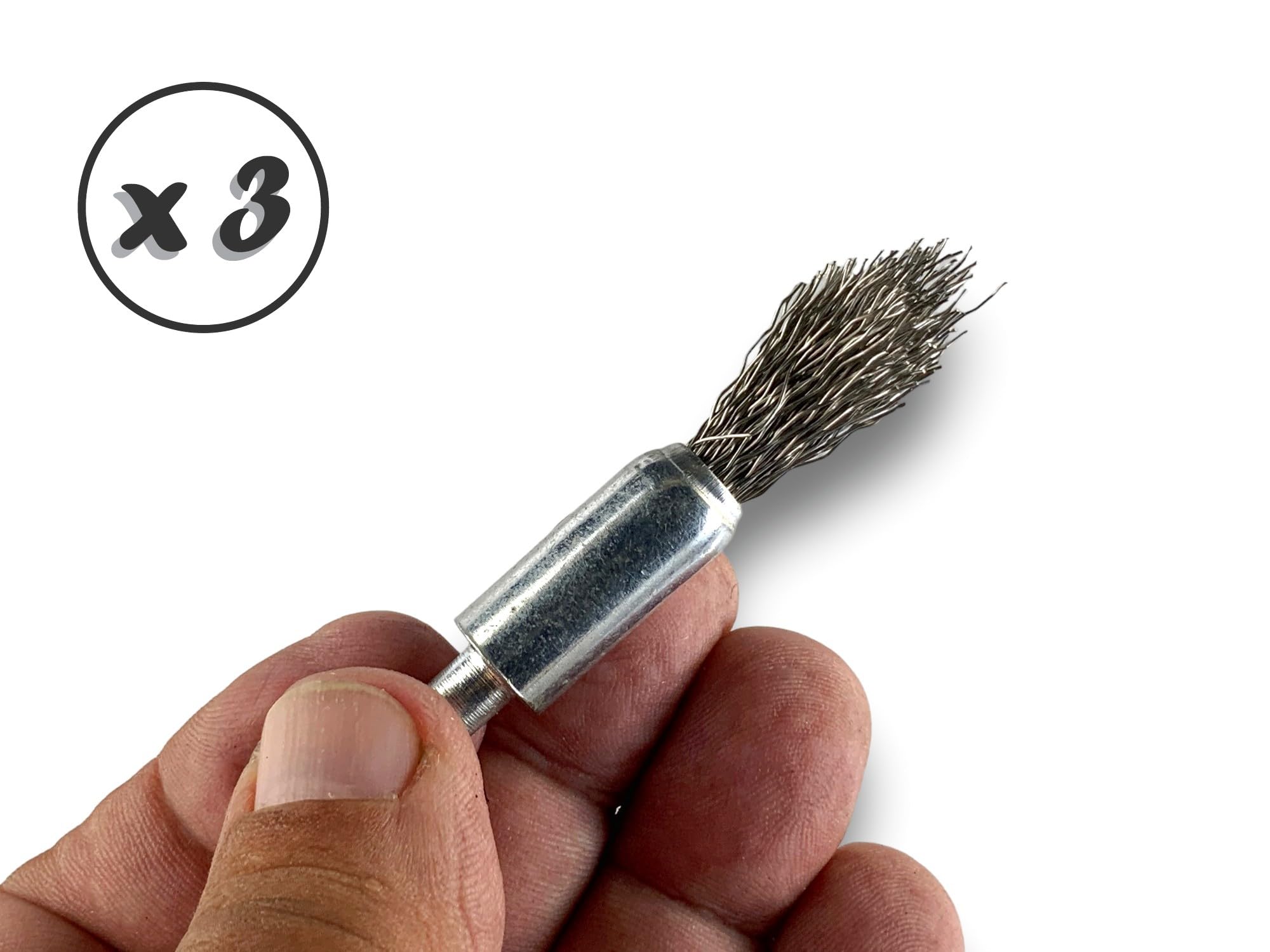 KIBROS 20TC12Px3 zestaw 3 szczotek drucianych ze spiczastym końcem na trzonku | Ø 12 mm | twarda stal nierdzewna 0,40 mm | kształt końcówki | do wiertarki lub wiertarko-wkrętarki | szczotkowanie i