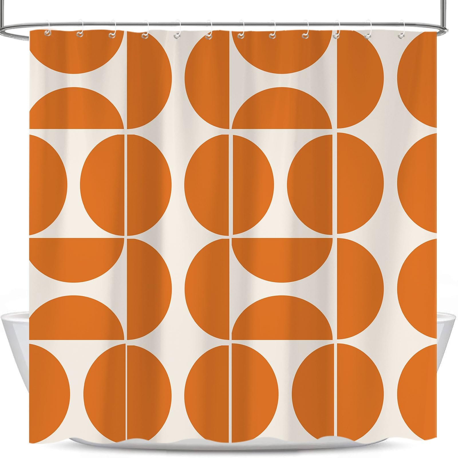 Rideau de Douche Vert Style Moderne du Milieu du siècle, 240 x 200 cm, Motif géométrique Abstrait rétro Orange, Style bohème, avec Crochets